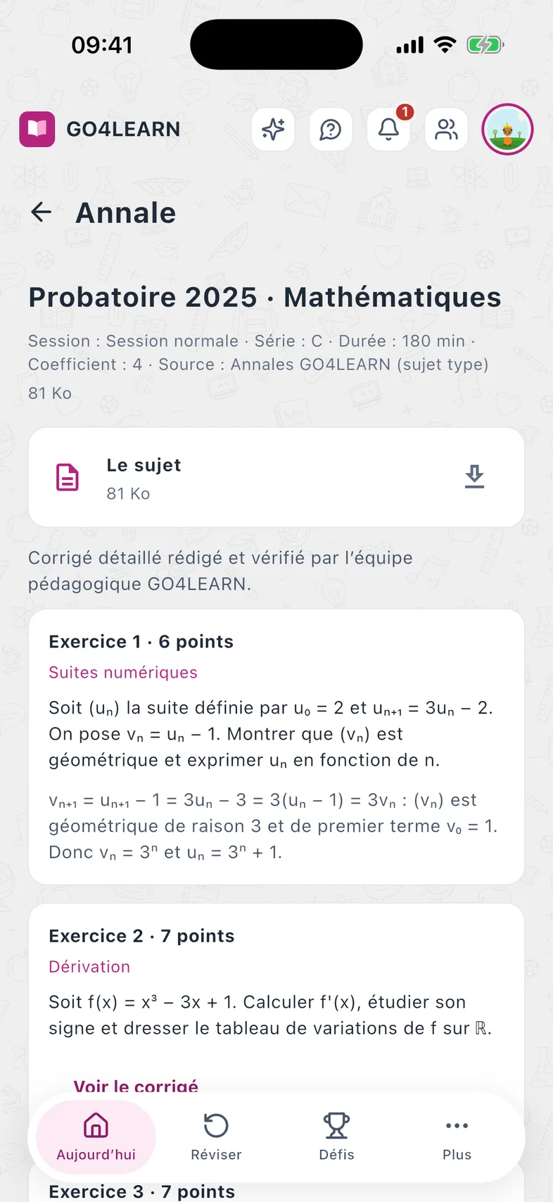 Une annale du Probatoire de mathématiques, corrigée exercice par exercice