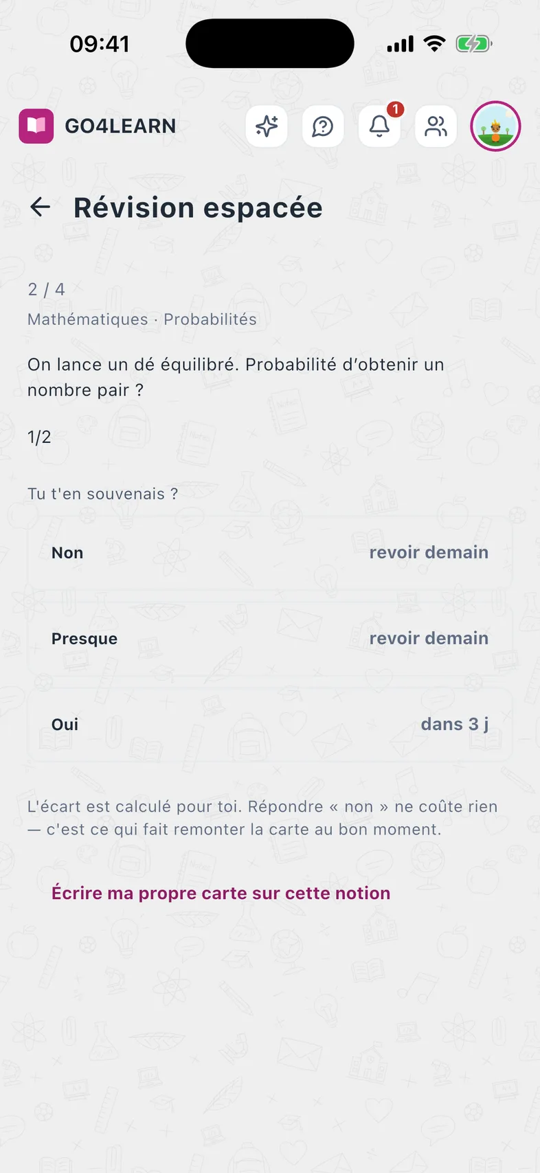 Une carte de révision espacée : « Non », « Presque » ou « Oui »