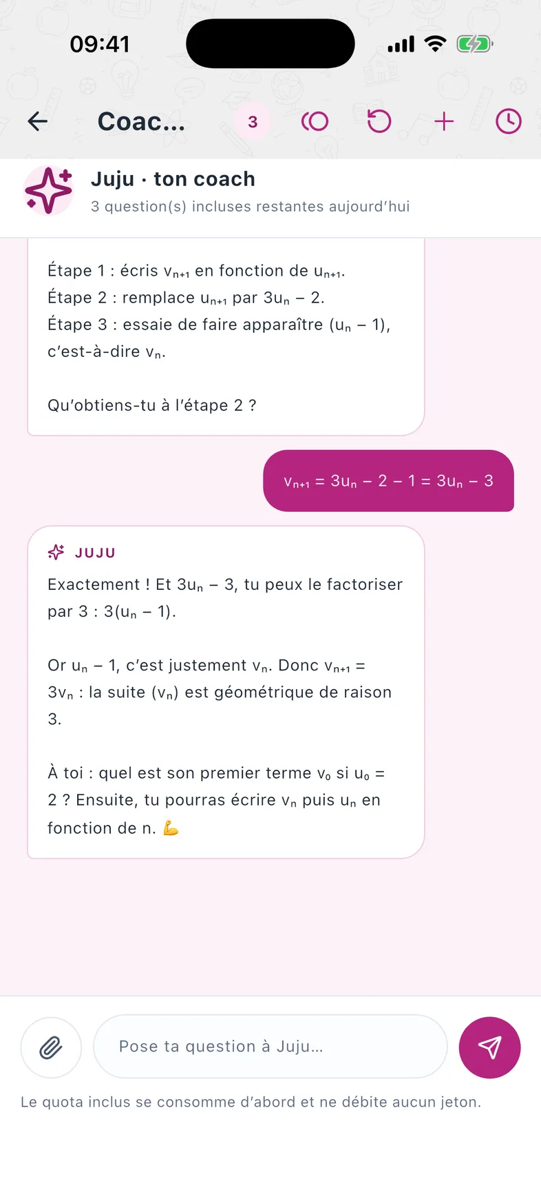 Juju guide l'élève pas à pas sur une suite géométrique