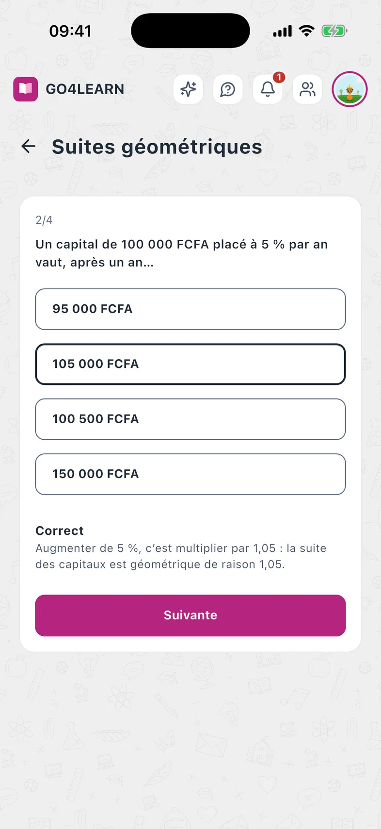 Une question de quiz sur les suites géométriques, avec sa correction