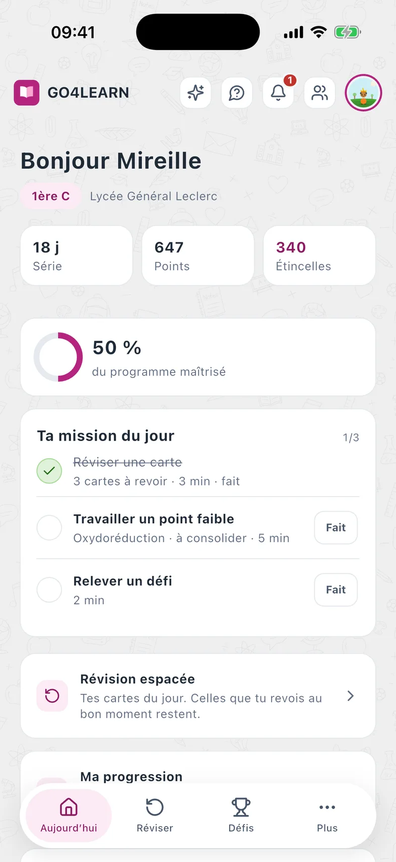 L'écran « Aujourd'hui » de GO4LEARN : la série, le programme maîtrisé et la mission du jour